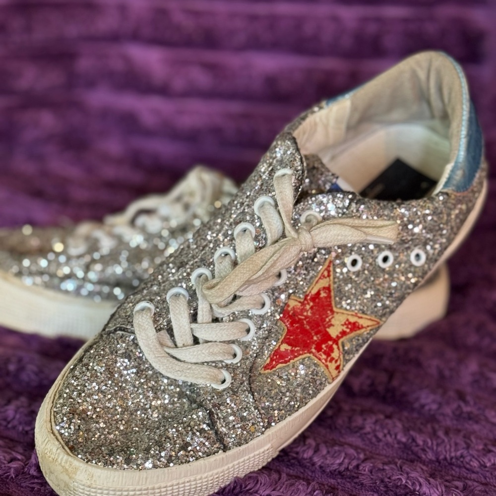 Golden Goose Silver Glitter Sneakers with Red Star